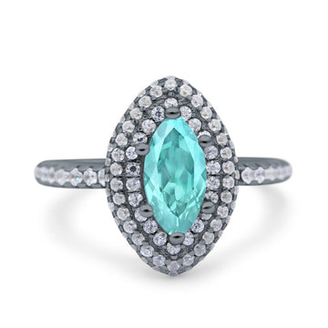 Halo Art Deco Marquise Wedding Ring Black Tone, Simulated Paraiba Tourmaline CZ 925 Sterling Silver